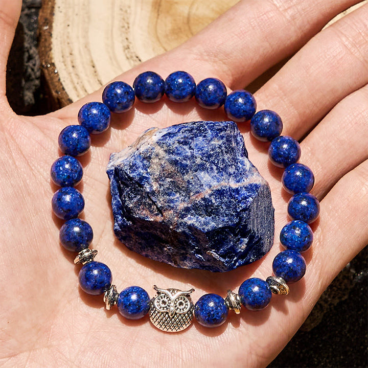 Olivenorma 8mm Natural Lapis Lazuli Owl Beaded Bracelet