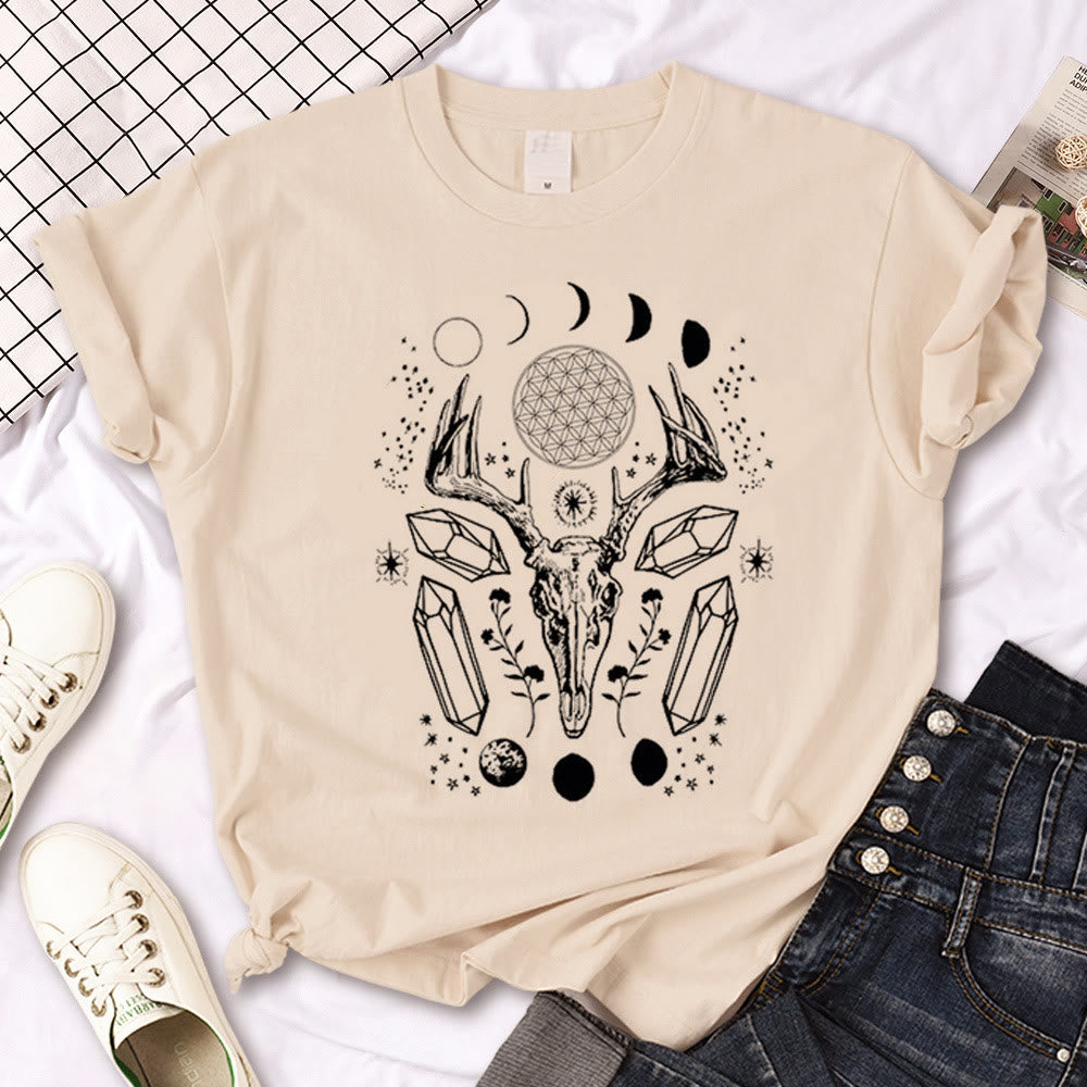 Olivenorma Witch Triple Moon Gothic Print Khaki T-Shirt - Elk Head - 2XL - image 15