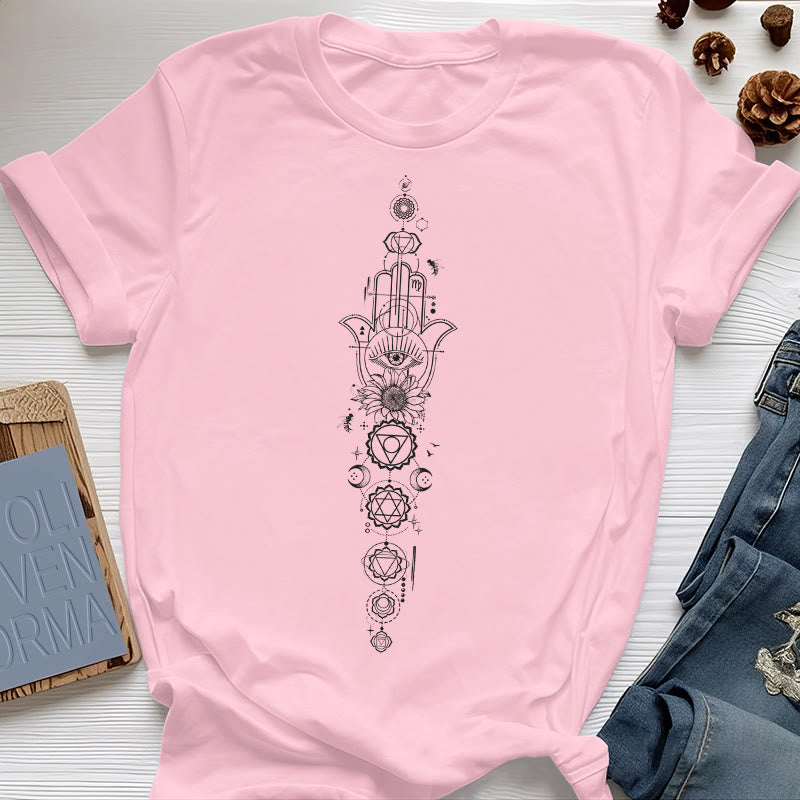 Olivenorma Hamsa Evil Eye Chakra Protection Meditation T-Shirt - Pink - 2XL - image 14
