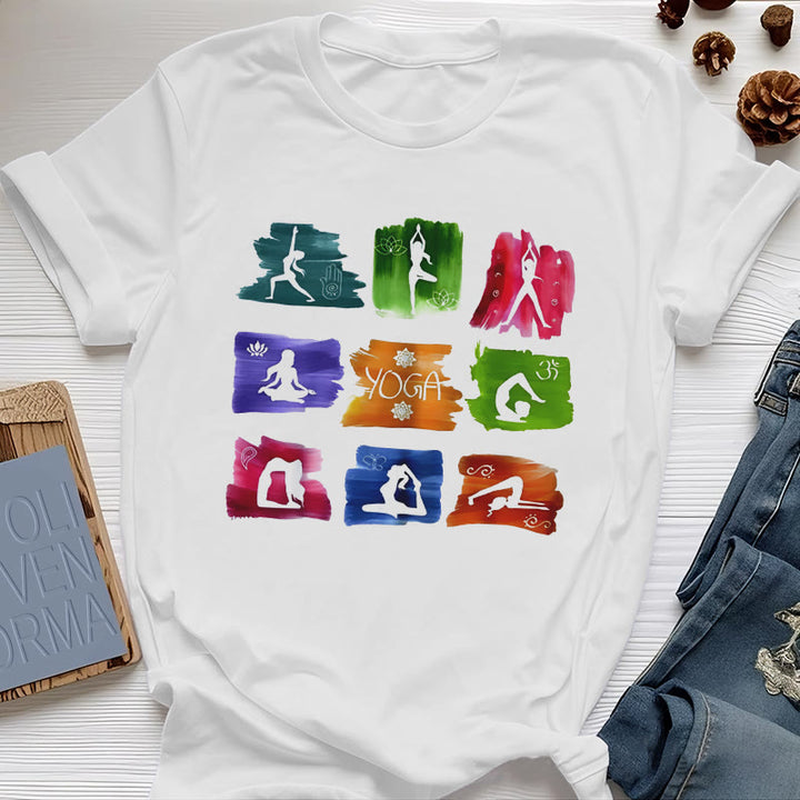 Olivenorma Yoga Poses Colorful Print T-Shirt - White - 2XL - image 0