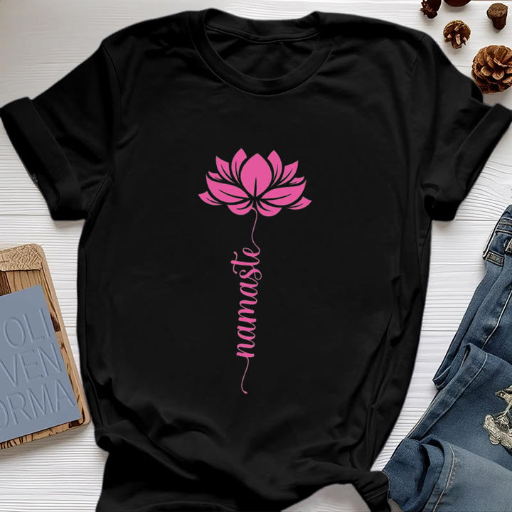 Olivenorma Namaste Lotus Yoga Cotton T-Shirt - Black - 2XL - image 7