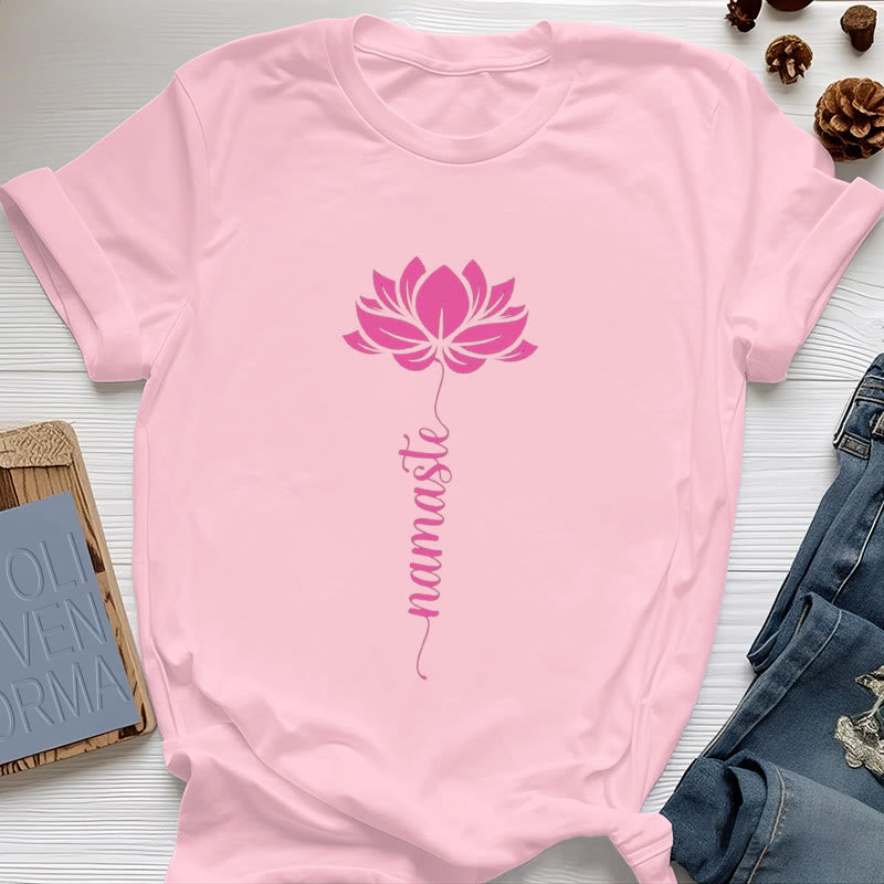 Olivenorma Namaste Lotus Yoga Cotton T-Shirt - Pink - 2XL - image 15