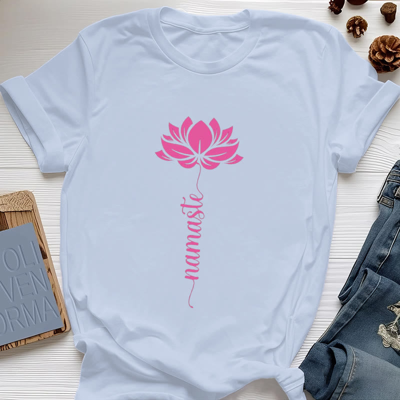 Olivenorma Namaste Lotus Yoga Cotton T-Shirt - Blue - 2XL - image 9