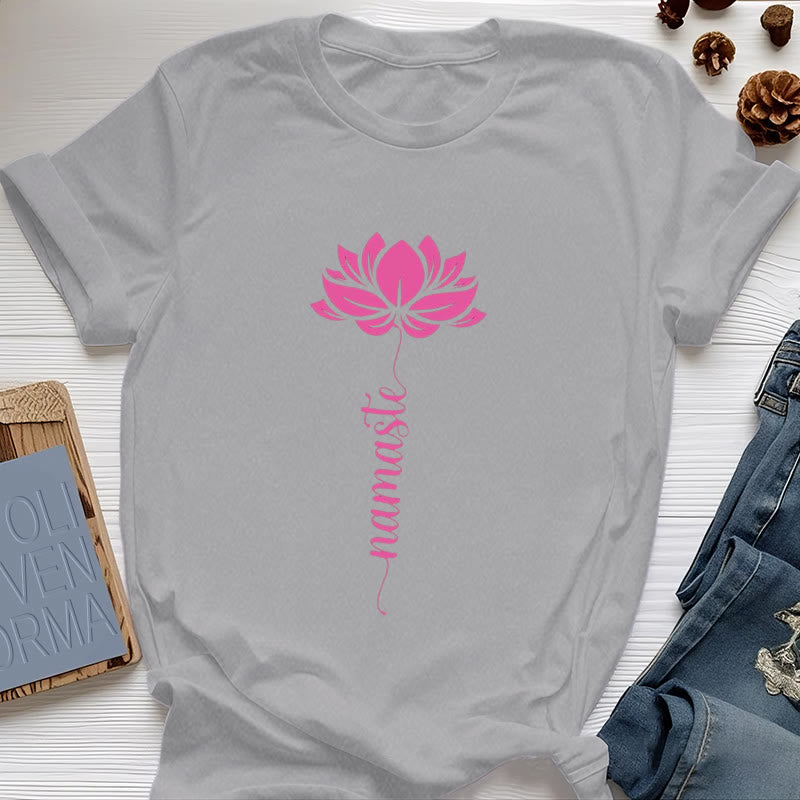Olivenorma Namaste Lotus Yoga Cotton T-Shirt - Gray - 2XL - image 5
