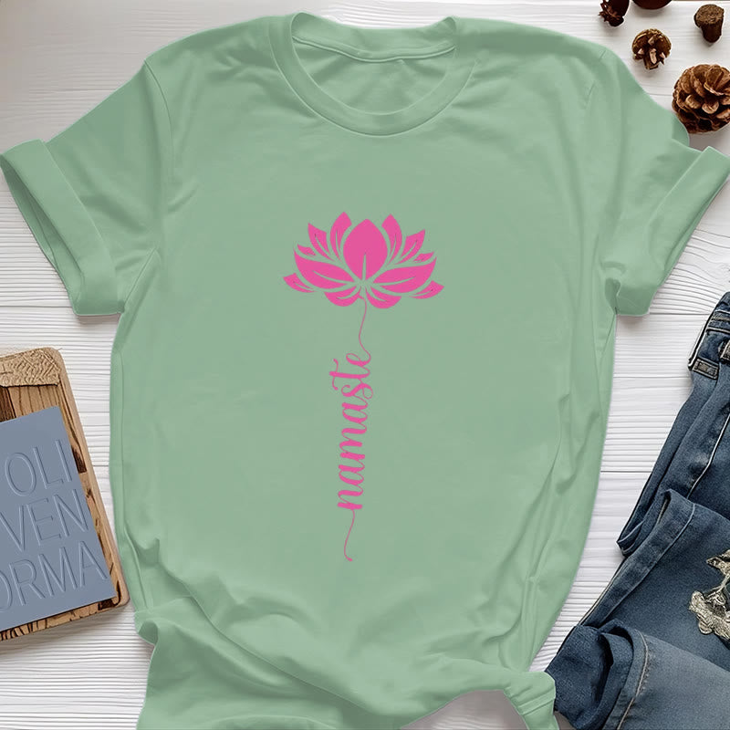 Olivenorma Namaste Lotus Yoga Cotton T-Shirt - Light Green - 2XL - image 15