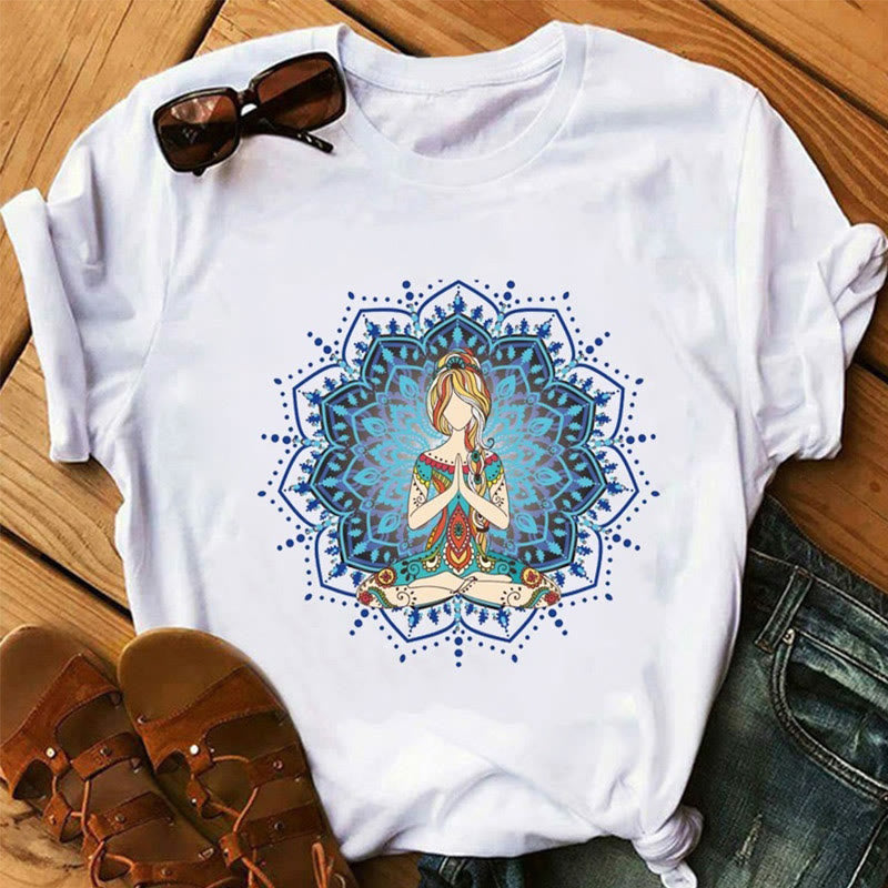 Olivenorma Lotus Yoga Meditation Tree of Life T-Shirt - Blue Lotus & Meditating Girl - 2XL - image 2