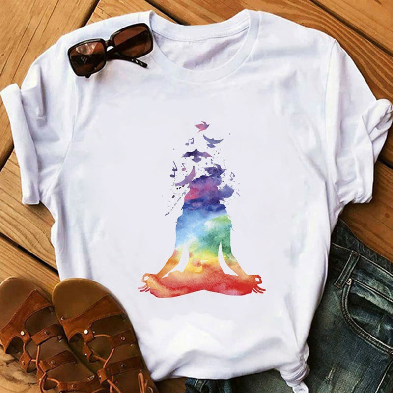 Olivenorma Lotus Yoga Meditation Tree of Life T-Shirt - Colorful Meditating Girl - 2XL - image 3