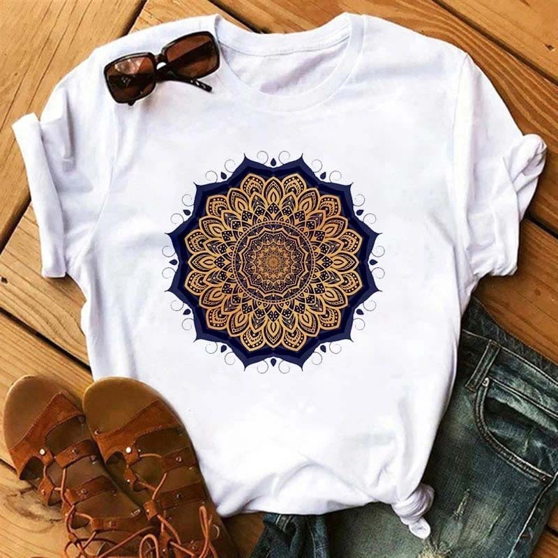 Olivenorma Cotton Colorful Geometric Print White T-Shirt - Yellow Lotus#5 - 2XL - image 11