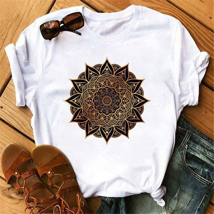 Olivenorma Cotton Colorful Geometric Print White T-Shirt - Yellow Lotus#1 - 2XL - image 7