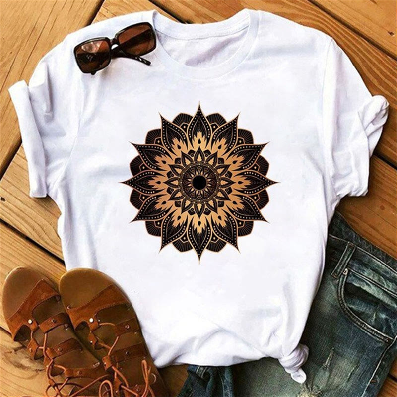 Olivenorma Cotton Colorful Geometric Print White T-Shirt - Yellow Lotus#2 - 2XL - image 8