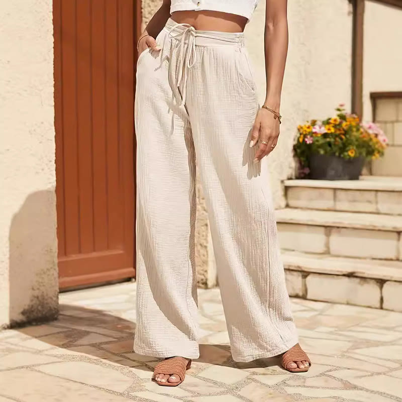 Olivenorma Plain Color Casual High Waist Drawstring Loose Fit Summer Women's Pants - Beige - XXL - image 2