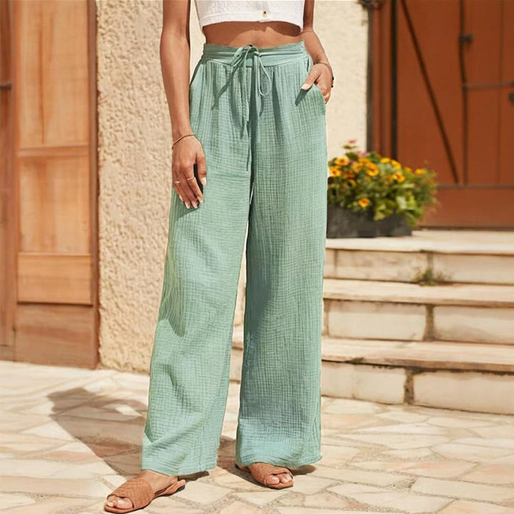 Olivenorma Plain Color Linen Solid Elastic Mid-Waisted Women's Baggy Pants with Pockets - Green - L - image 4