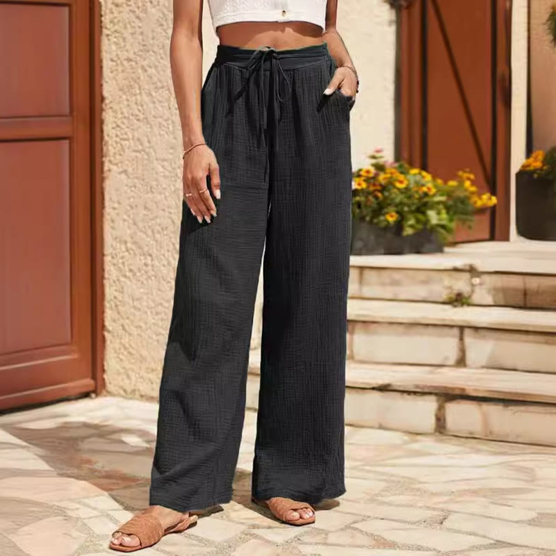 Olivenorma Plain Color Linen Solid Elastic Mid-Waisted Women's Baggy Pants with Pockets - Black - L - image 1