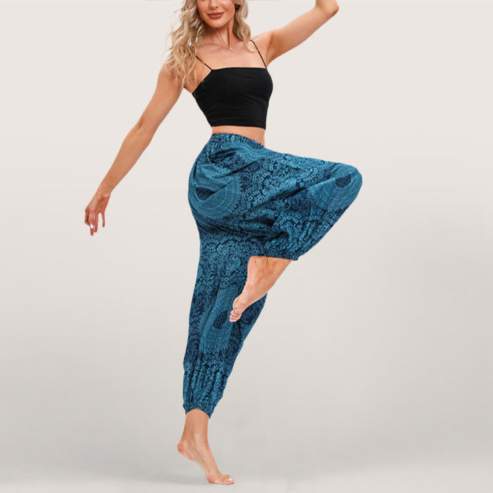 Olivenorma Flowy Boho Print Women's Elastic Waist Harem Pants