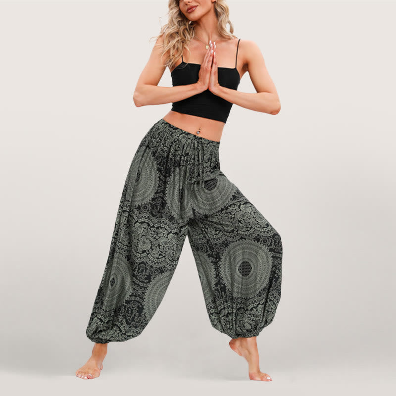 Olivenorma Flowy Boho Print Women's Elastic Waist Harem Pants - Green - image 0