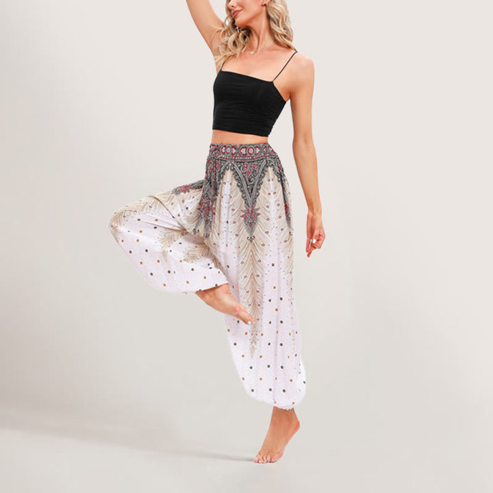 Olivenorma Celestial Print Boho Women's Elastic Waist Harem Pants - White - image 7