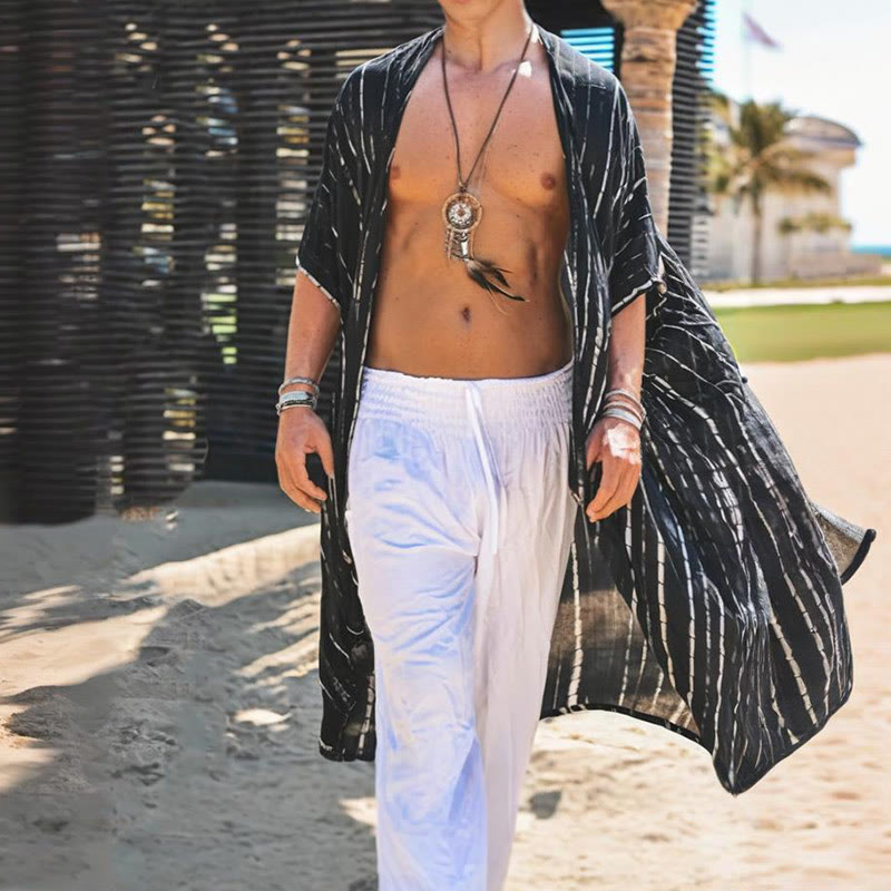 Olivenorma Mens Black White Stripe Loose Beach Cardigan - image 2