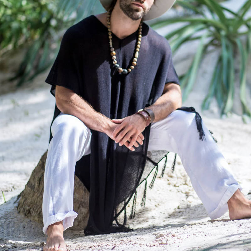 Olivenorma Men's Black Casual Pullover Top Tassel Cardigan - image 2