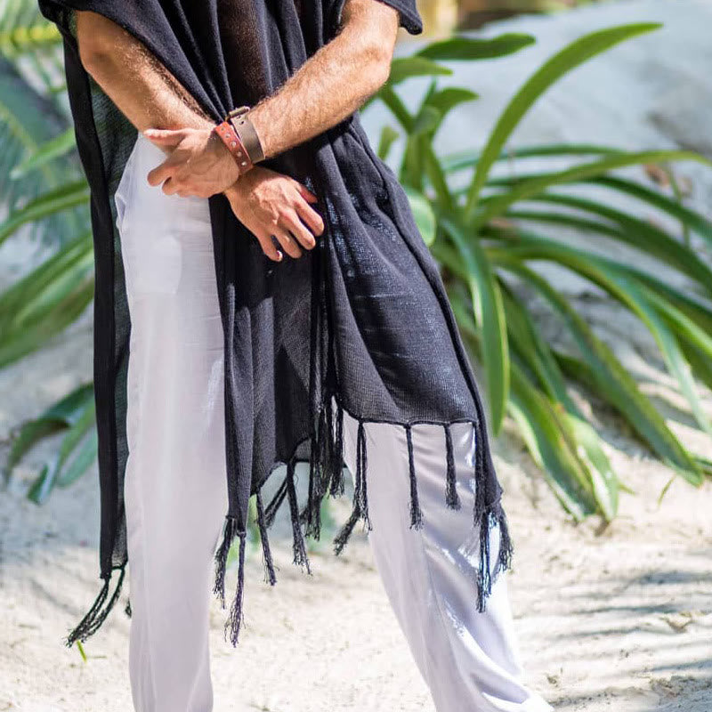 Olivenorma Men's Black Casual Pullover Top Tassel Cardigan - image 2