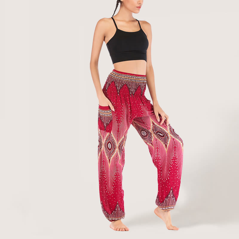 Olivenorma Boho Mandala Viscose Women's Elastic Waist Harem Pants - Red - image 18