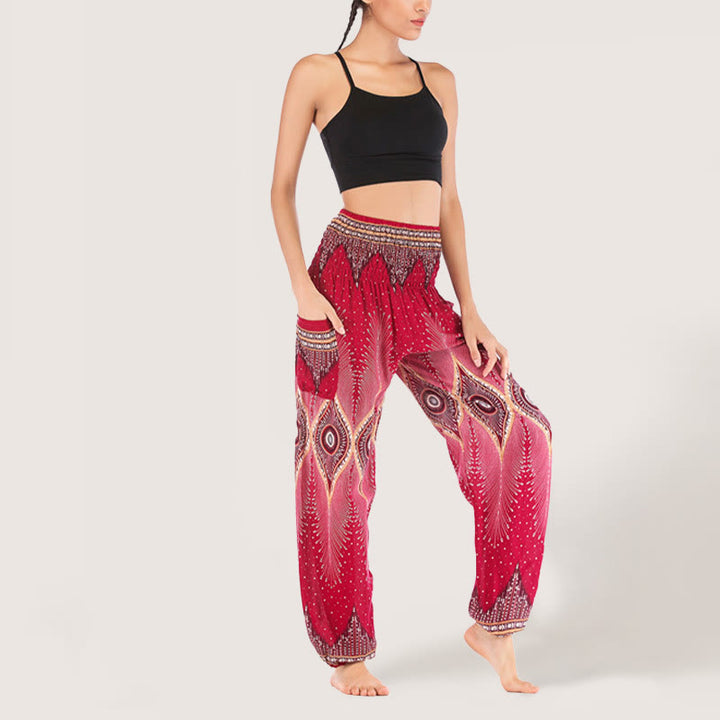 Olivenorma Boho Mandala Viscose Women's Elastic Waist Harem Pants - Red - image 18