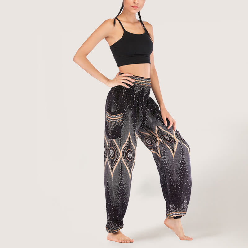 Olivenorma Boho Mandala Viscose Women's Elastic Waist Harem Pants - Black - image 9
