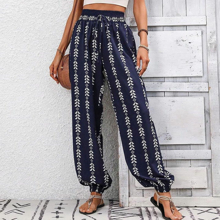 Olivenorma Flowy Print Harem Polyester Pants - Navy Blue - XL - image 20