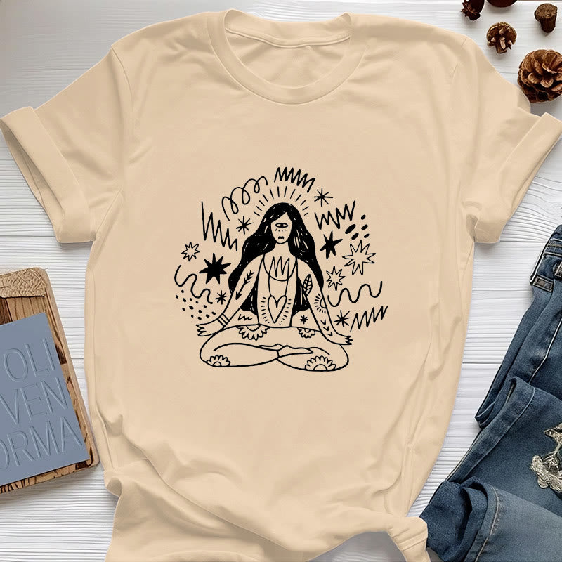 Olivenorma Graffiti Line Drawing Yoga Girl T-Shirt - Yellow - 2XL - image 0