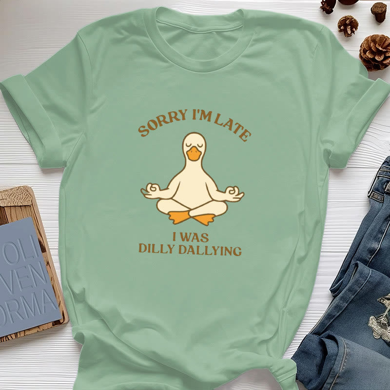 Olivenorma Sorry I'm Late I Was Dilly Dallying T-Shirt - Light Green - Meditating Duck - 2XL - image 37