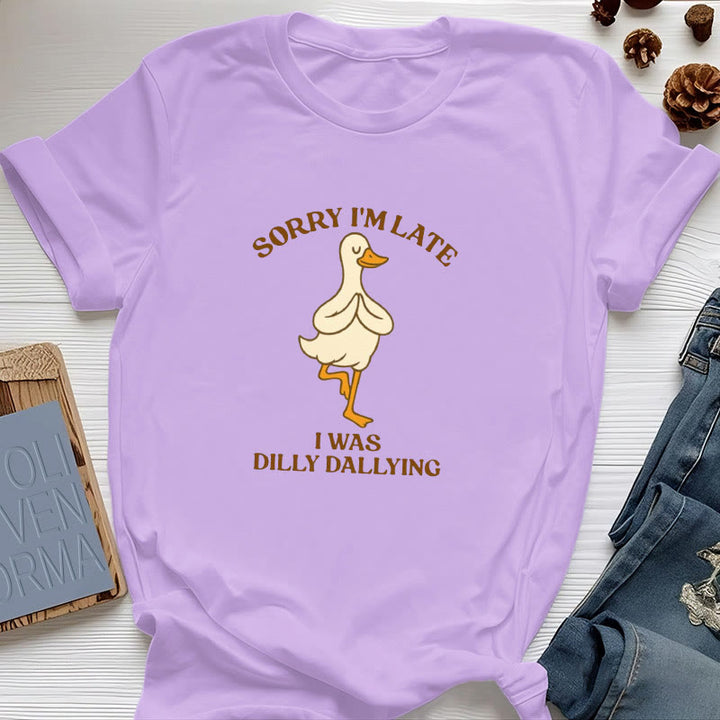 Olivenorma Sorry I'm Late I Was Dilly Dallying T-Shirt - Purple - Tree Pose Duck - 2XL - image 34