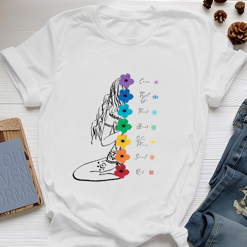 Olivenorma Meditation Girl 7 Chakra Flowers T-Shirt - White - 2XL - image 0