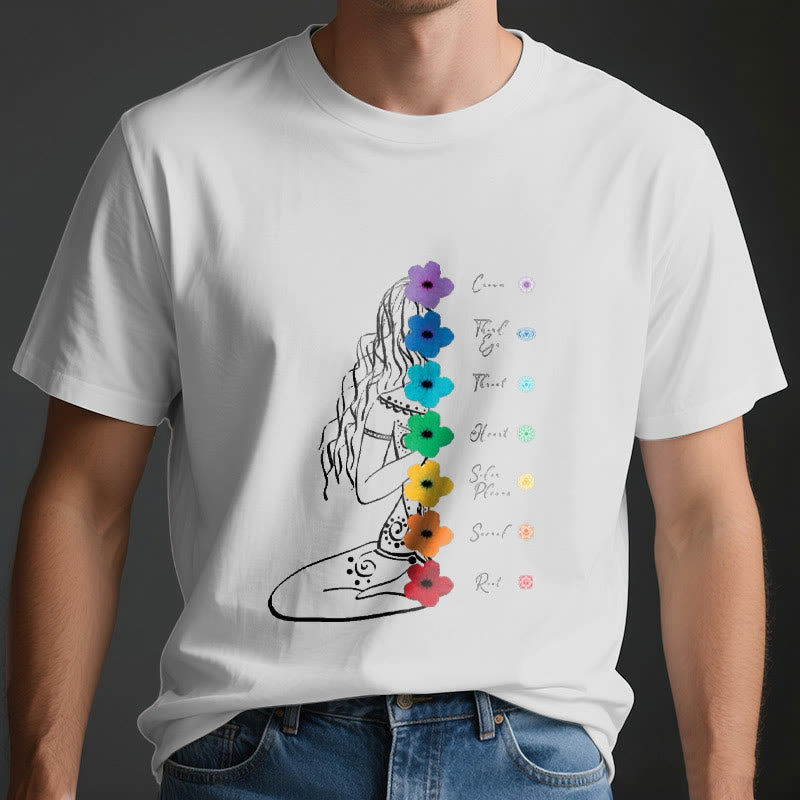 Olivenorma Meditation Girl 7 Chakra Flowers T-Shirt - image 3
