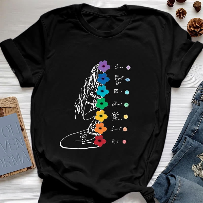 Olivenorma Meditation Girl 7 Chakra Flowers T-Shirt - Black - 2XL - image 5