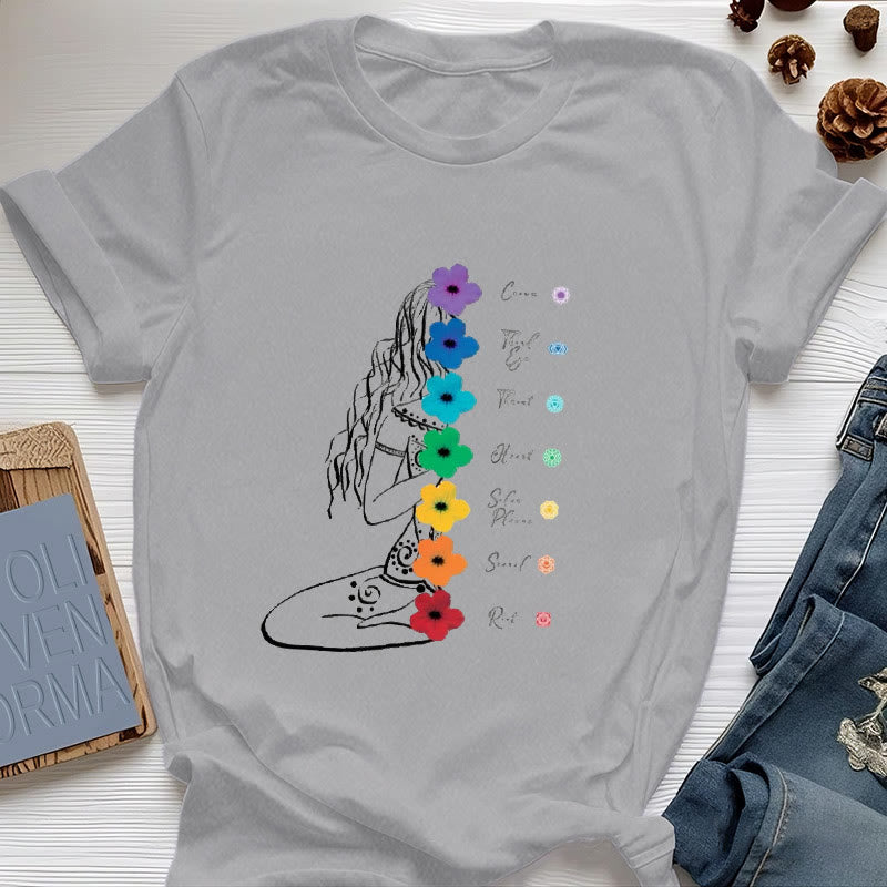 Olivenorma Meditation Girl 7 Chakra Flowers T-Shirt - Gray - 2XL - image 7