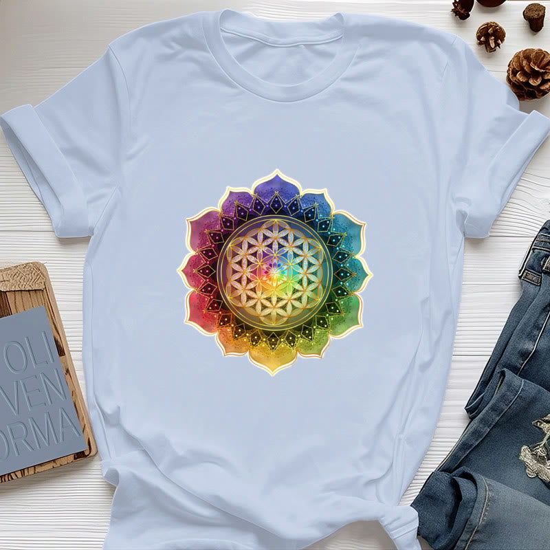 Olivenorma 7 Chakra Medala Flower of Life Cotton T-Shirt - Blue - 2XL - image 11
