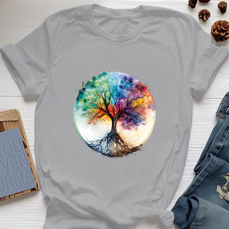 Olivenorma Rainbow Tree of Life Spiritual Cotton T-Shirt - Gray - 2XL - image 7