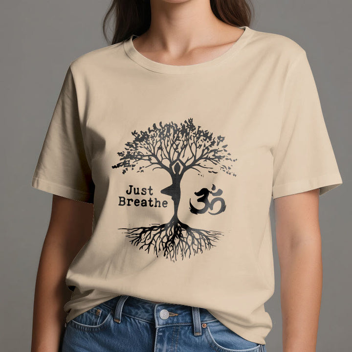 Olivenorma "JUST BREATHE" Yoga Tree OM Symbol Spiritual T-Shirt - image 12