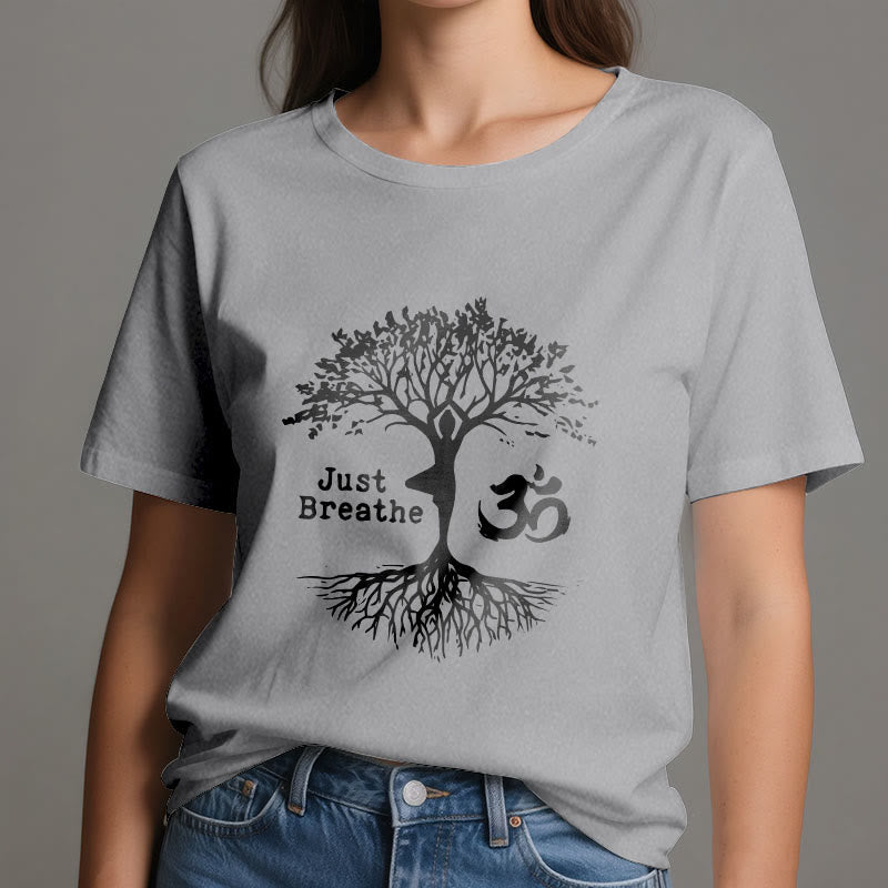 Olivenorma "JUST BREATHE" Yoga Tree OM Symbol Spiritual T-Shirt - image 10