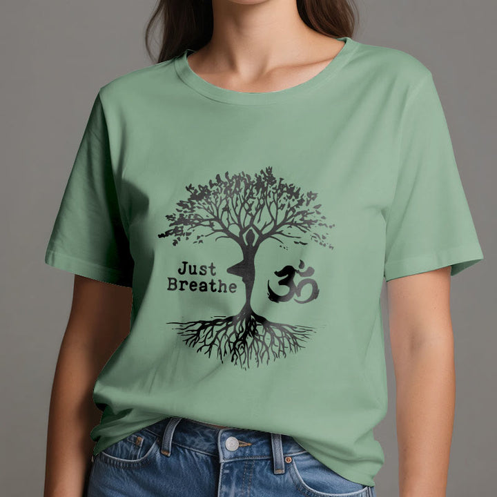Olivenorma "JUST BREATHE" Yoga Tree OM Symbol Spiritual T-Shirt - image 1