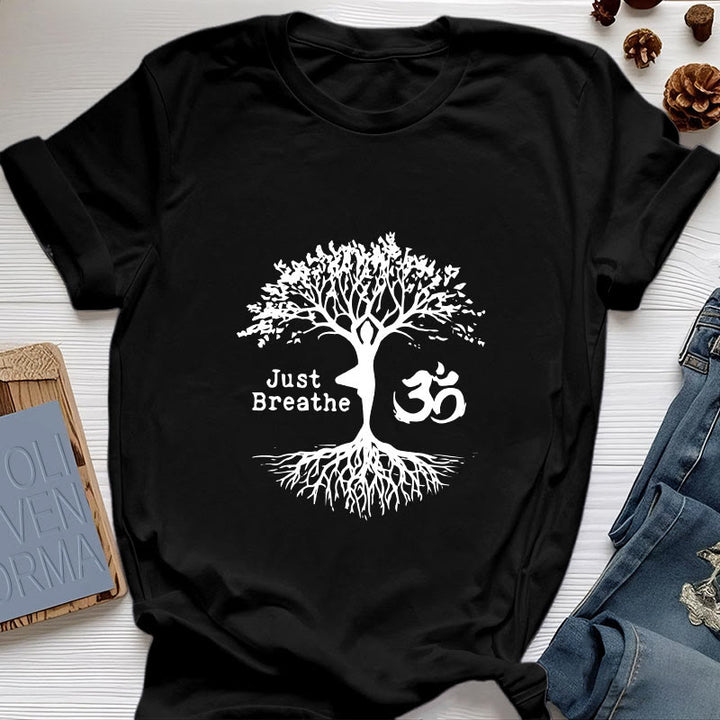 Olivenorma "JUST BREATHE" Yoga Tree OM Symbol Spiritual T-Shirt - Black - 2XL - image 7