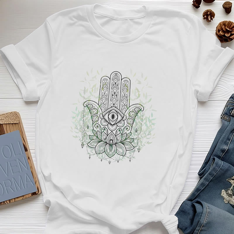 Olivenorma Hand of Fatima Hamsa Yoga Meditation T-Shirt - White - 2XL - image 0