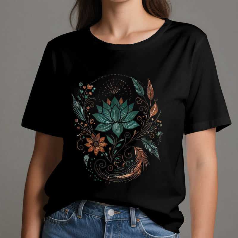Olivenorma Lotus Flowers & Leafs Cotton Yoga T-Shirt - image 8