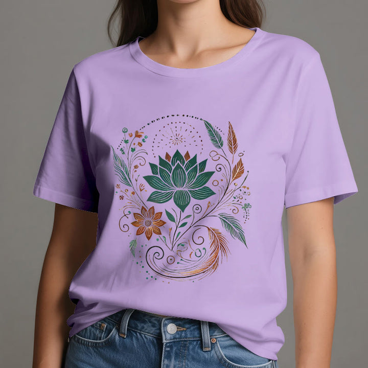 Olivenorma Lotus Flowers & Leafs Cotton Yoga T-Shirt - image 16