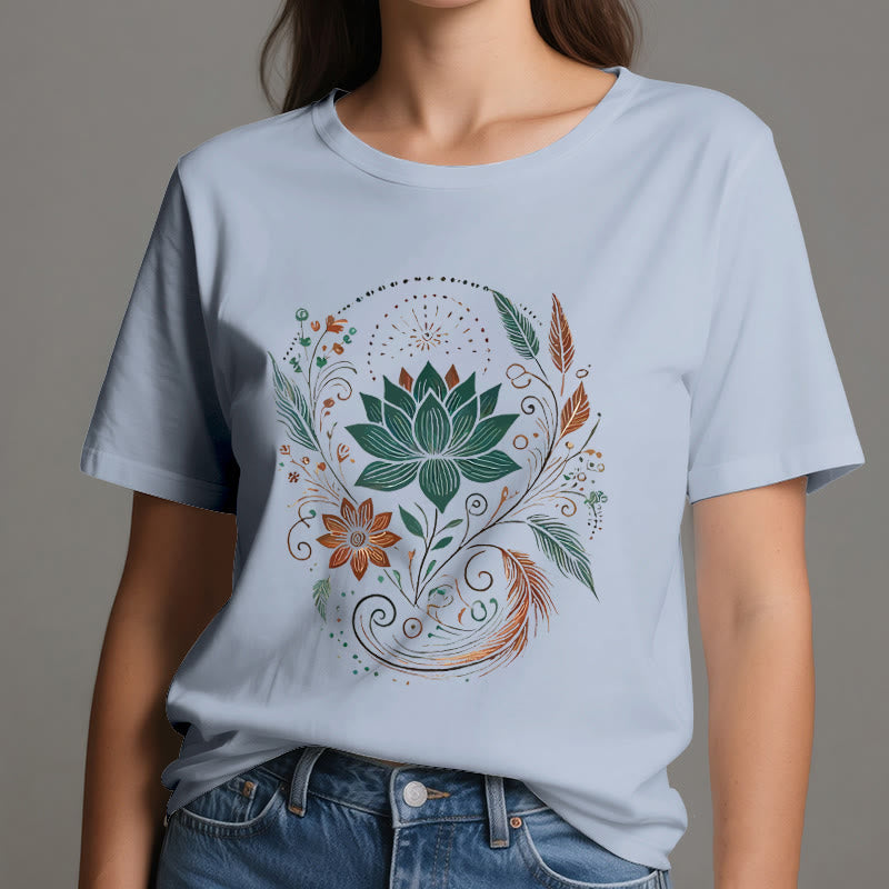 Olivenorma Lotus Flowers & Leafs Cotton Yoga T-Shirt - image 2