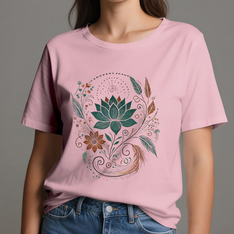 Olivenorma Lotus Flowers & Leafs Cotton Yoga T-Shirt - image 14