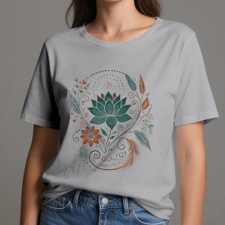 Olivenorma Lotus Flowers & Leafs Cotton Yoga T-Shirt - image 10