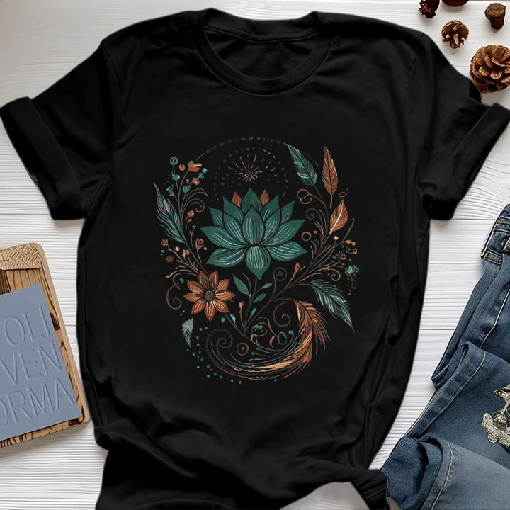Olivenorma Lotus Flowers & Leafs Cotton Yoga T-Shirt - Black - 2XL - image 7