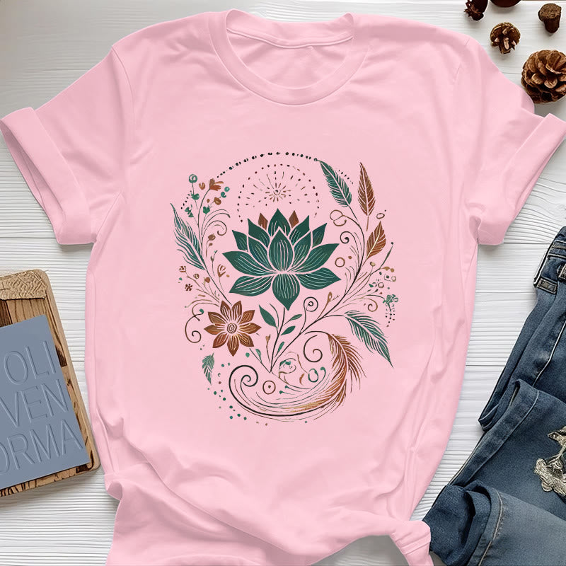 Olivenorma Lotus Flowers & Leafs Cotton Yoga T-Shirt - Pink - 2XL - image 13