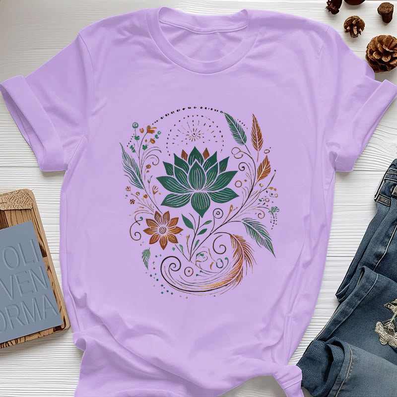 Olivenorma Lotus Flowers & Leafs Cotton Yoga T-Shirt - Purple - 2XL - image 15