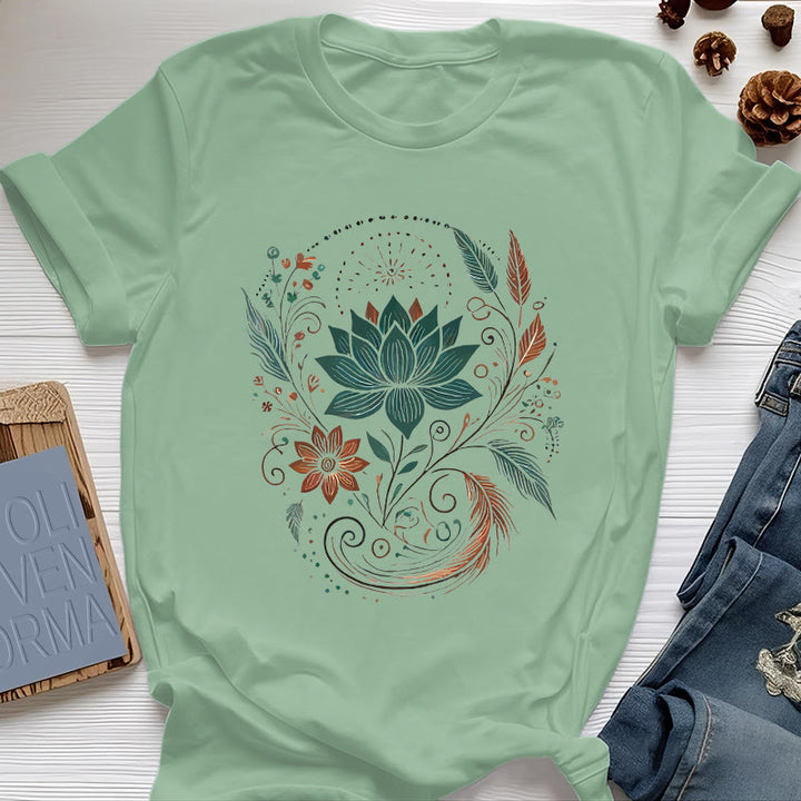 Olivenorma Lotus Flowers & Leafs Cotton Yoga T-Shirt - Light Green - 2XL - image 18